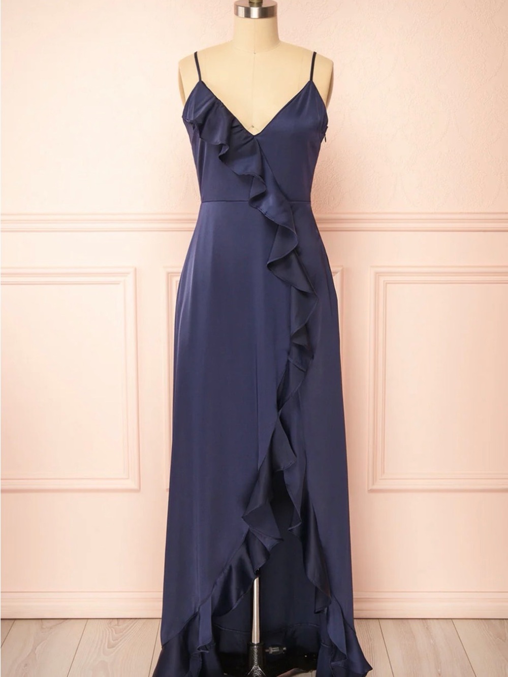 Spaghetti Strap Navy Ruffle Maxi Dress